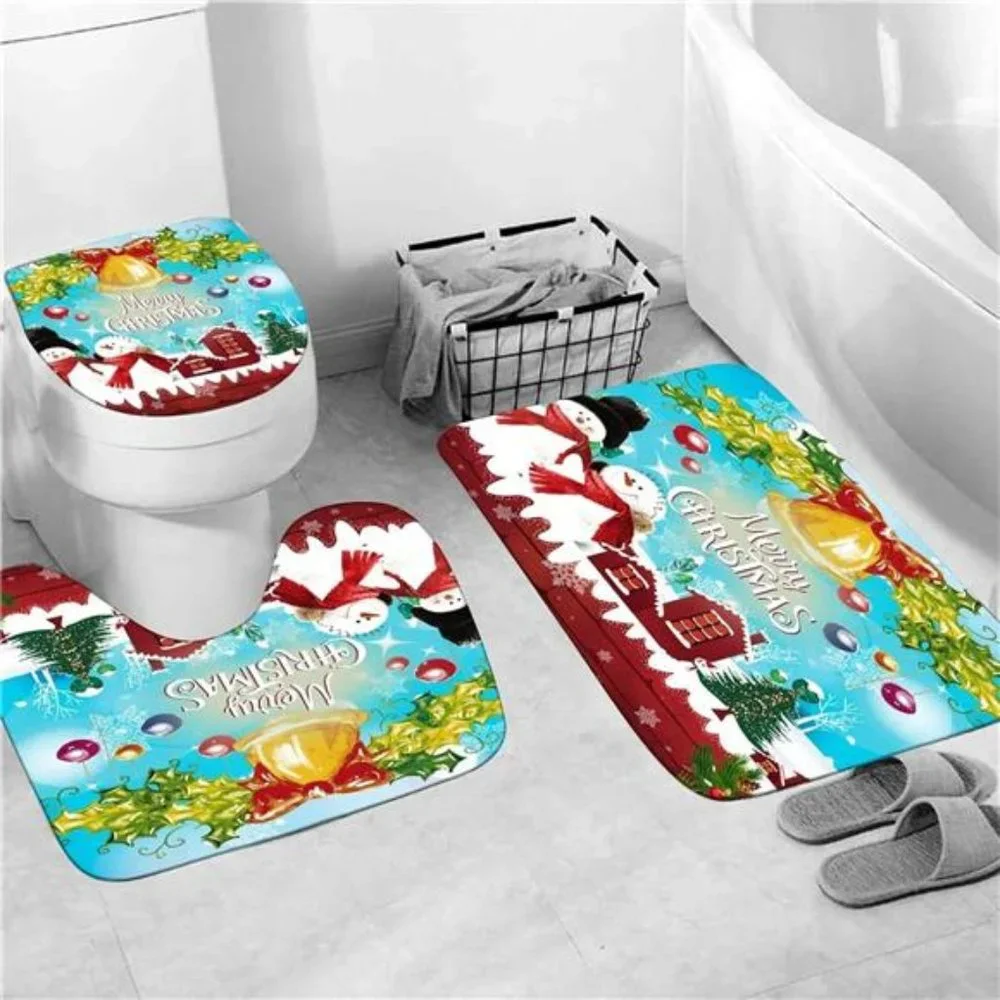 4Pcs Christmas Snowman Shower Curtain Sets Winter Jingle Bell Bathroom Set